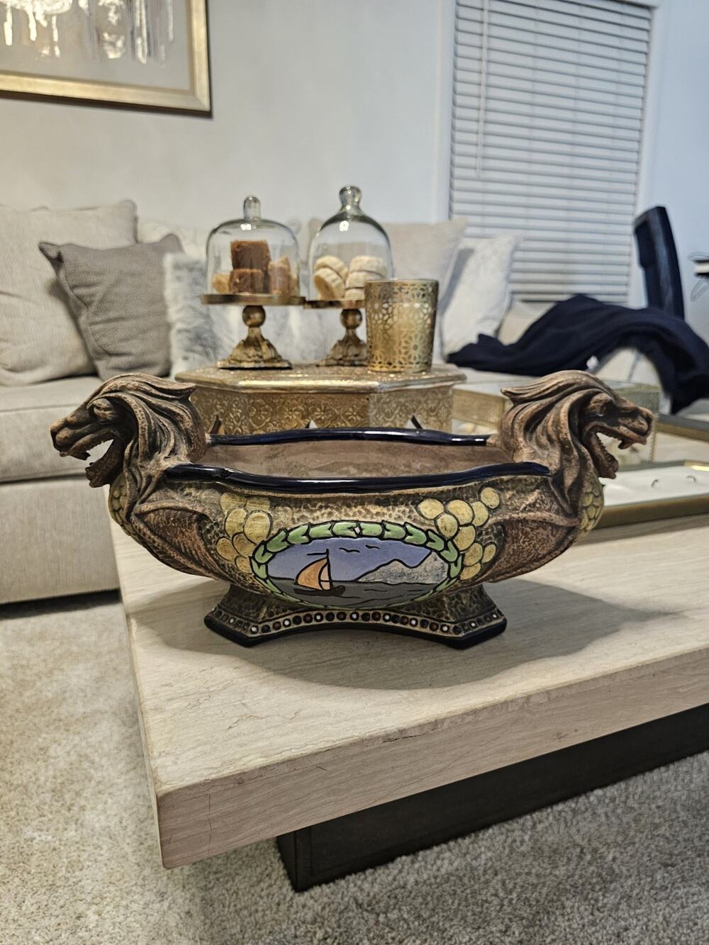 Amphora Czechoslovakia Art Deco Centerpiece Bowl Dragon Handles Sailboat